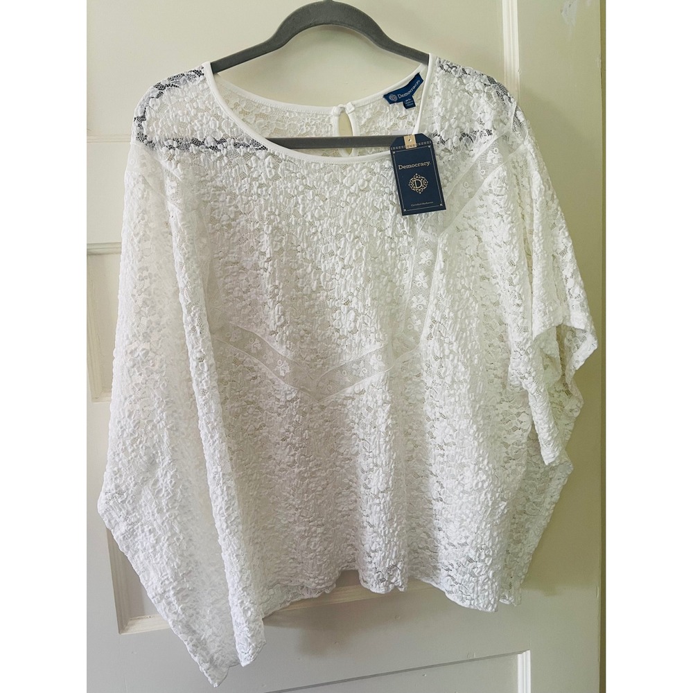 Democracy XL Off White Lace Crochet Poncho Top NWT Boho Romantic Sheer